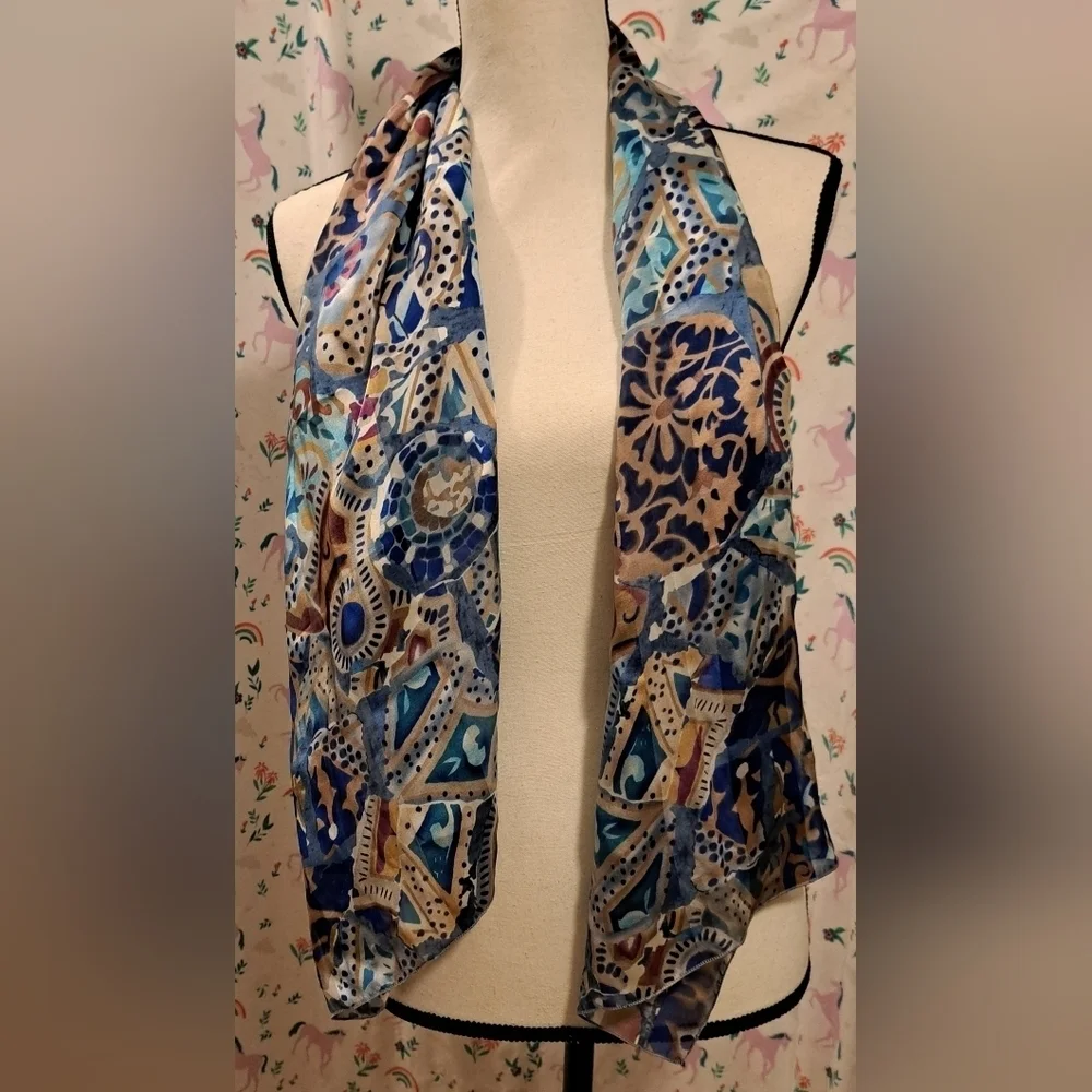 NWOT Vintage Brochier Soieries Paisley Silk Neutral Boho Casual Prep Scarf Wrap - Picture 2 of 9
